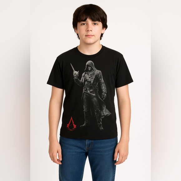 4 / $20 Bold Black and Red Short Sleeve Tee with Graphic Design - Picture 1 of 5